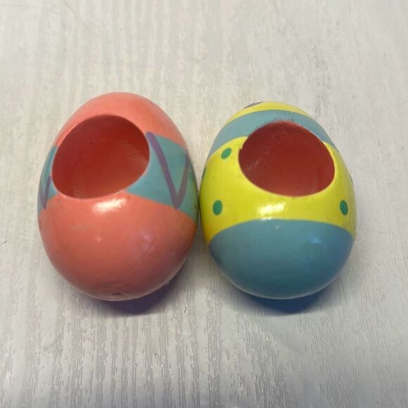 Vintage Hand-painted Wooden Easter Egg Napkin Rings Pastel lot of 6 Pink Blue - Picture 3 of 6